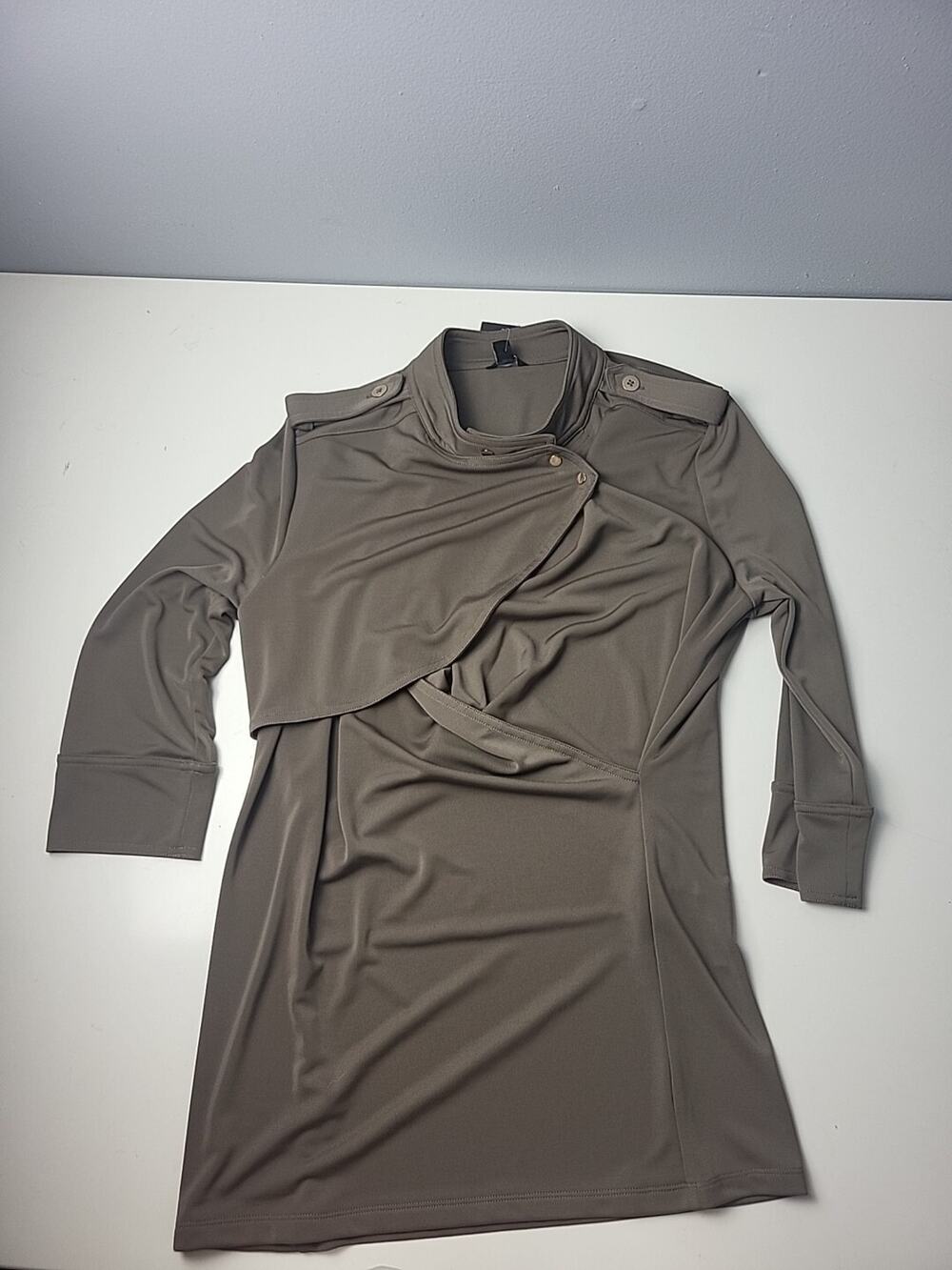 NWT Ann Taylor Blouse Womens L Tan Snap Collar Asymmetrical Tunic Long Sleeve